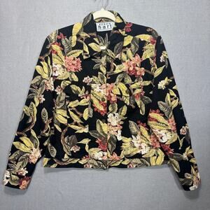 Keren Hart Black Floral Beaded Jacket M Lightweight Linen Boho Artsy Statement